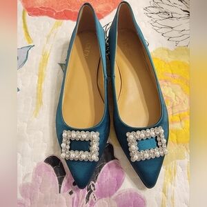 NIB J. Crew Satin Pointy Toe Flats with Crystal Embellished Buckle